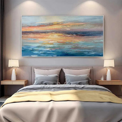 SERENE SUNSET: Panoramic Seascape Painting, Textured Wall Art, Horizontal Canvas, Beach Decor | multi-color palette, original oil on stretched canvas art