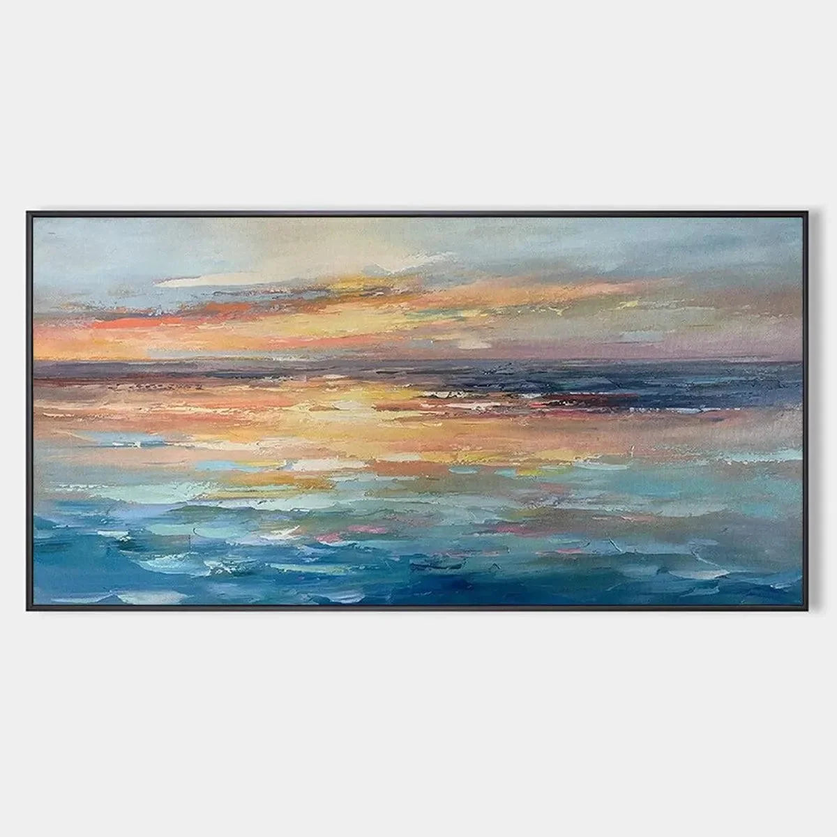 SERENE SUNSET: Panoramic Seascape Painting, Textured Wall Art, Horizontal Canvas, Beach Decor | hanging in living room, Abstract wall art