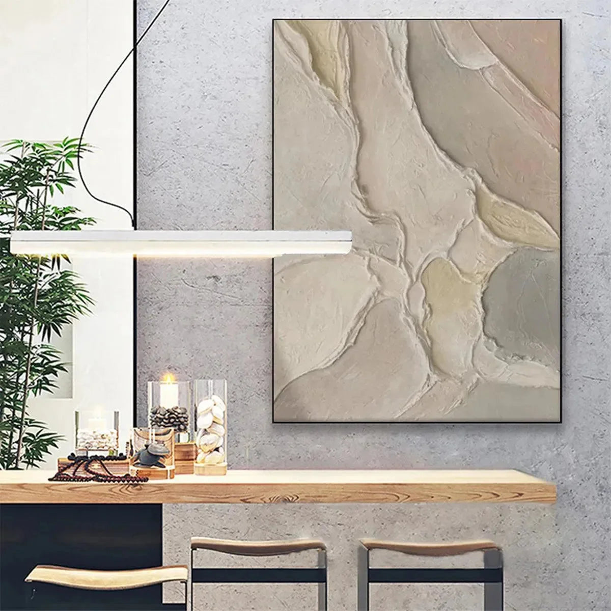 SERENE TEXTURES: Textured Abstract Painting, Neutral Beige Wall Art, Vertical Canvas, Minimalist Decor | gold frame stretched on neutral wall