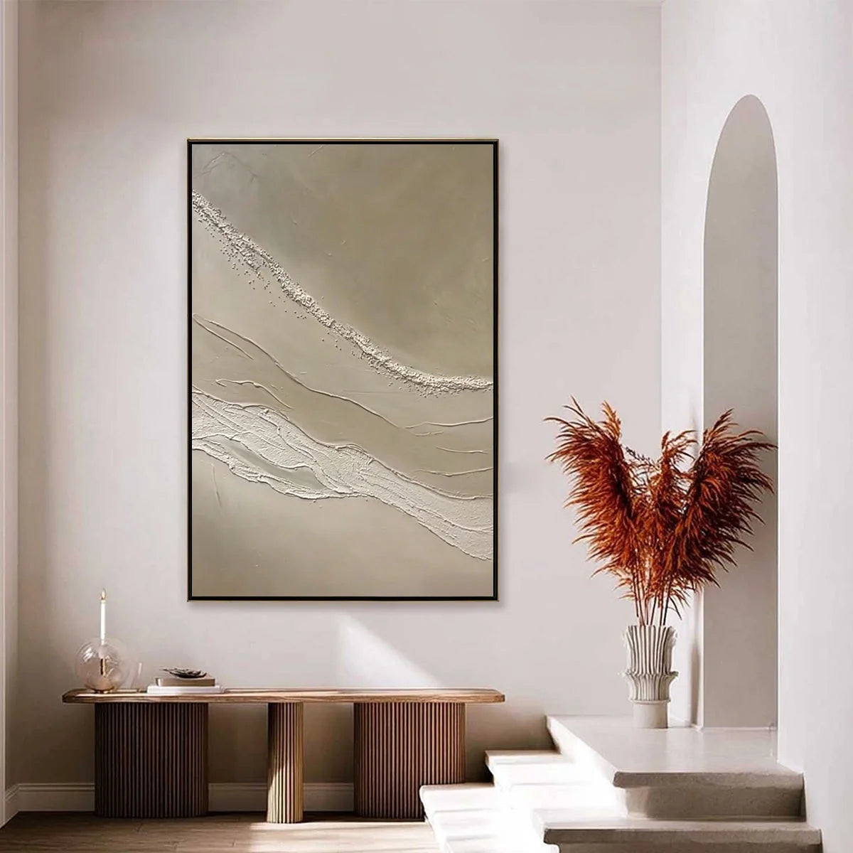 SERENE TRACE: Minimalist Wabi-Sabi Textured Abstract Wall Art | gold frame stretched on neutral wall