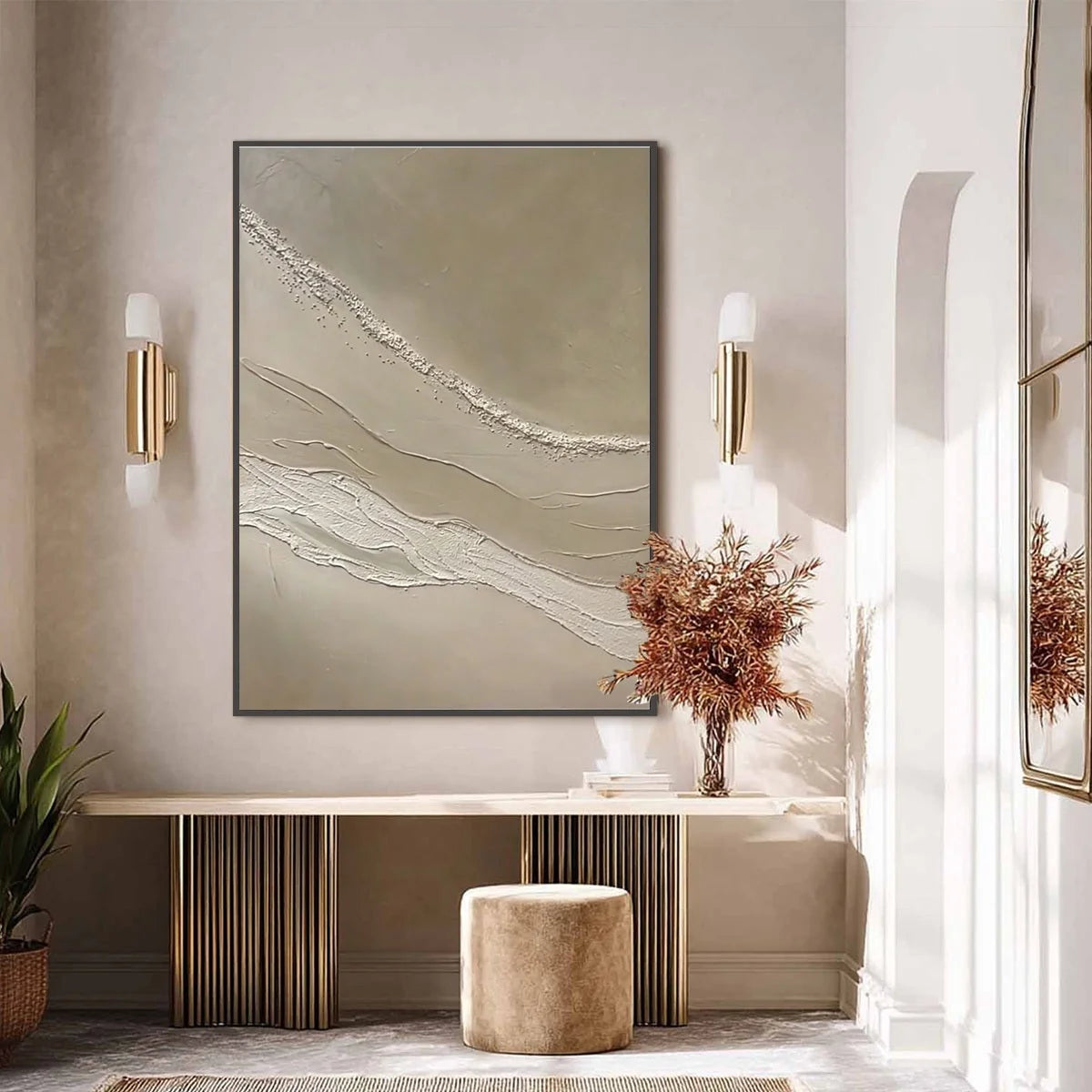 SERENE TRACE: Minimalist Wabi-Sabi Textured Abstract Wall Art | black frame version on white wall