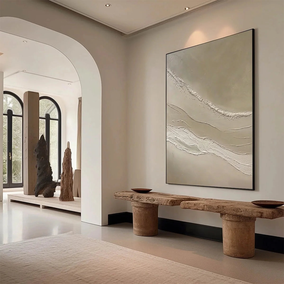 SERENE TRACE: Minimalist Wabi-Sabi Textured Abstract Wall Art | Minimalist mood, soft natural light studio shot