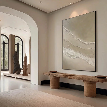 SERENE TRACE: Minimalist Wabi-Sabi Textured Abstract Wall Art | Minimalist mood, soft natural light studio shot