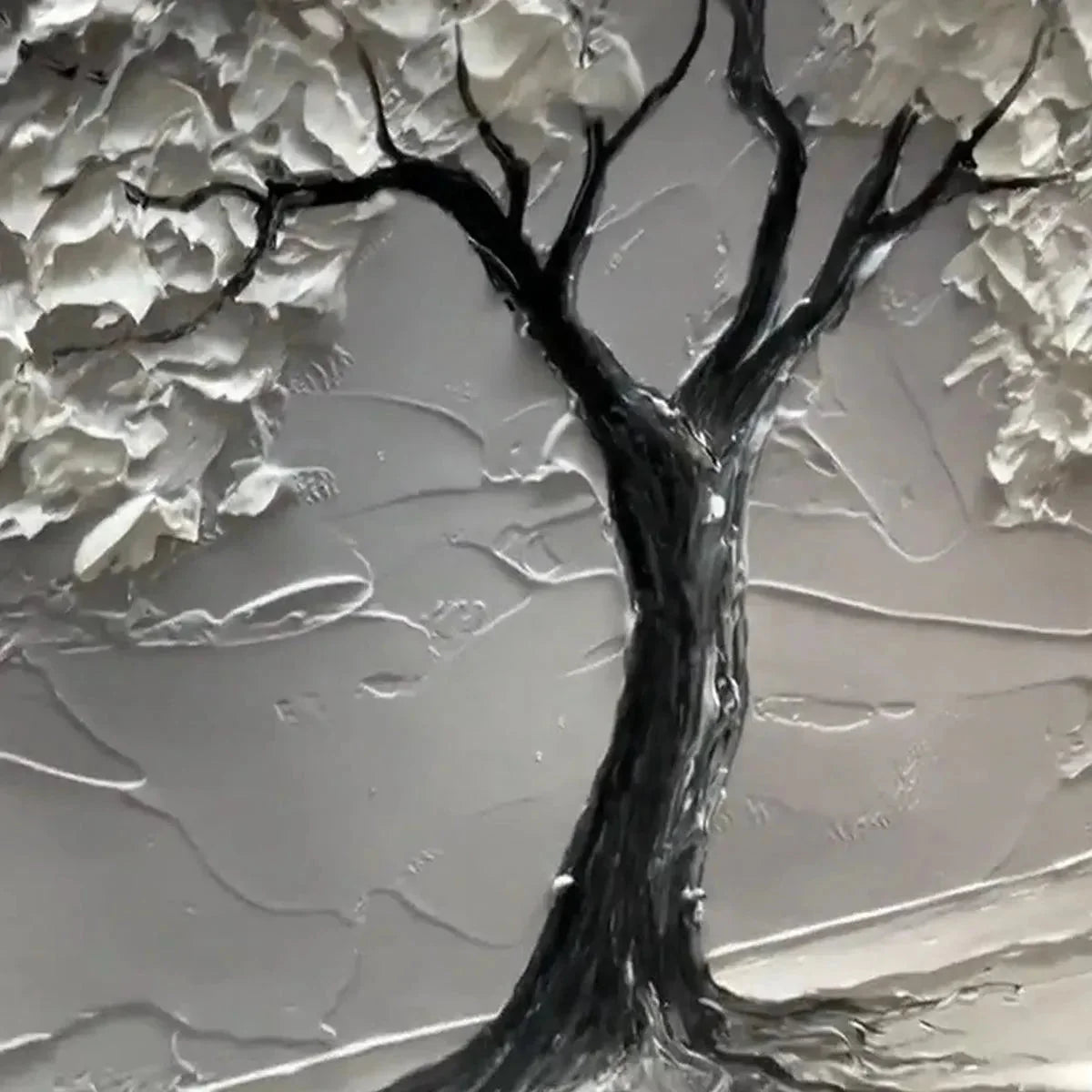 SERENE TREE: Textured 3D Tree Painting, White Impasto Wall Art, Panoramic Canvas, Minimalist Decor | Minimalist closeup, raised brushwork detail