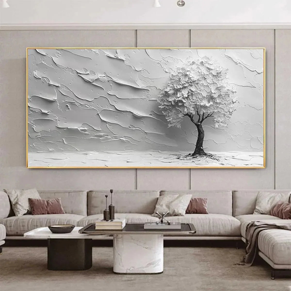 SERENE TREE: Textured 3D Tree Painting, White Impasto Wall Art, Panoramic Canvas, Minimalist Decor | rectangular format, hand-painted canvas edge