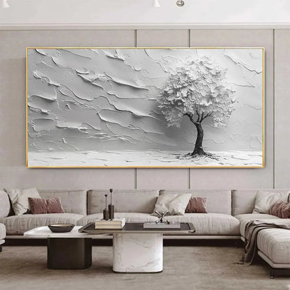 SERENE TREE: Textured 3D Tree Painting, White Impasto Wall Art, Panoramic Canvas, Minimalist Decor | rectangular format, hand-painted canvas edge