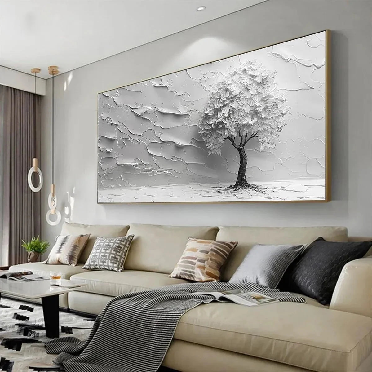 SERENE TREE: Textured 3D Tree Painting, White Impasto Wall Art, Panoramic Canvas, Minimalist Decor | gold frame stretched on neutral wall