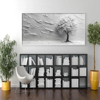 SERENE TREE: Textured 3D Tree Painting, White Impasto Wall Art, Panoramic Canvas, Minimalist Decor | rolled canvas, ready for custom framing