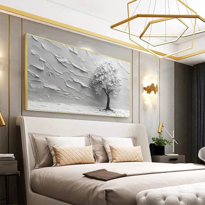 SERENE TREE: Textured 3D Tree Painting, White Impasto Wall Art, Panoramic Canvas, Minimalist Decor | black frame version on white wall