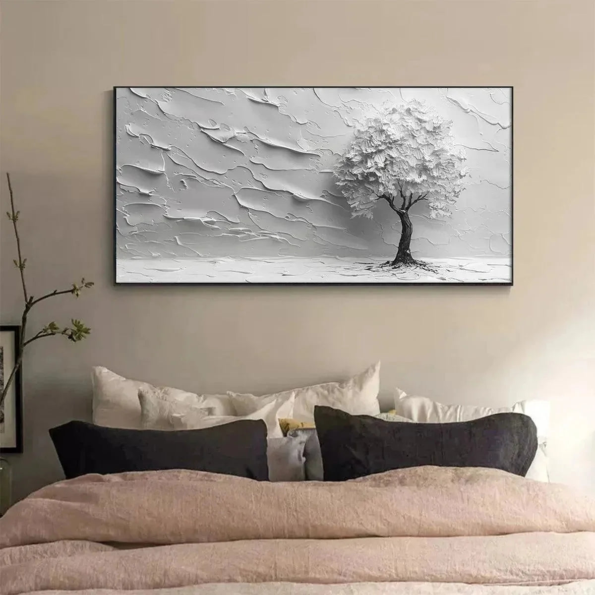 SERENE TREE: Textured 3D Tree Painting, White Impasto Wall Art, Panoramic Canvas, Minimalist Decor | Minimalist mood, soft natural light studio shot