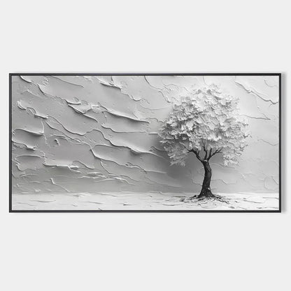 SERENE TREE: Textured 3D Tree Painting, White Impasto Wall Art, Panoramic Canvas, Minimalist Decor | hanging in living room, Minimalist wall art