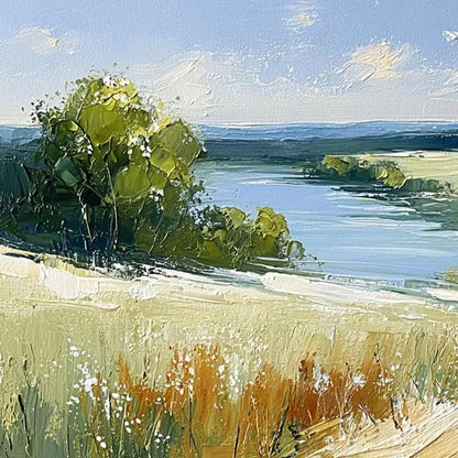 SERENE VISTA: Textured Palette Knife Countryside Landscape Painting | rectangular format, hand-painted canvas edge