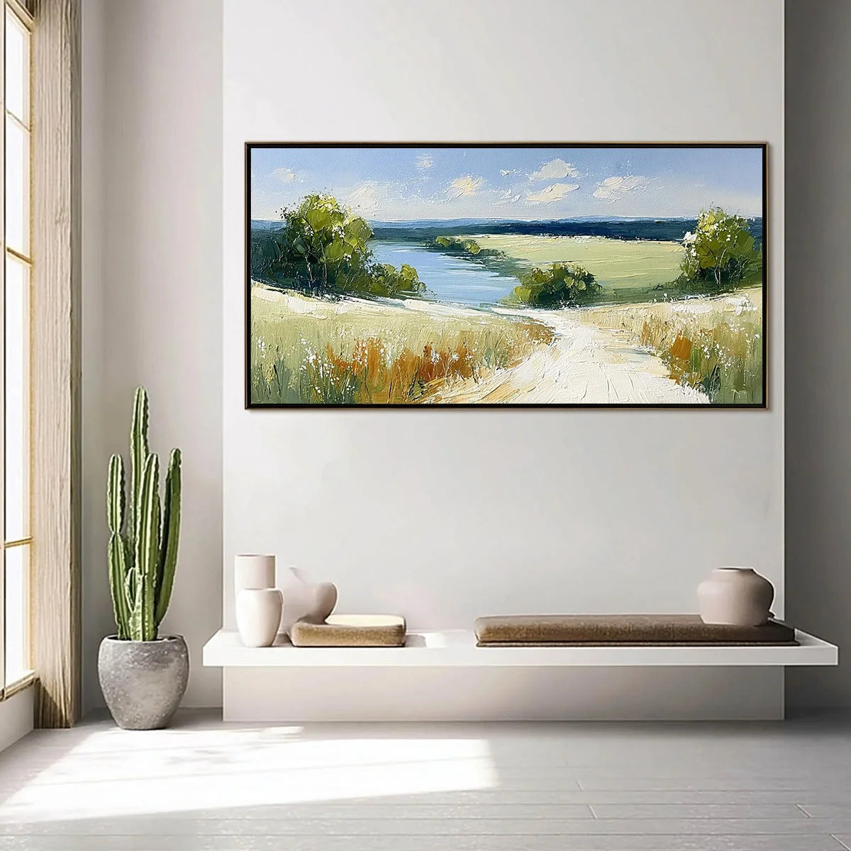 SERENE VISTA: Textured Palette Knife Countryside Landscape Painting | gold frame stretched on neutral wall