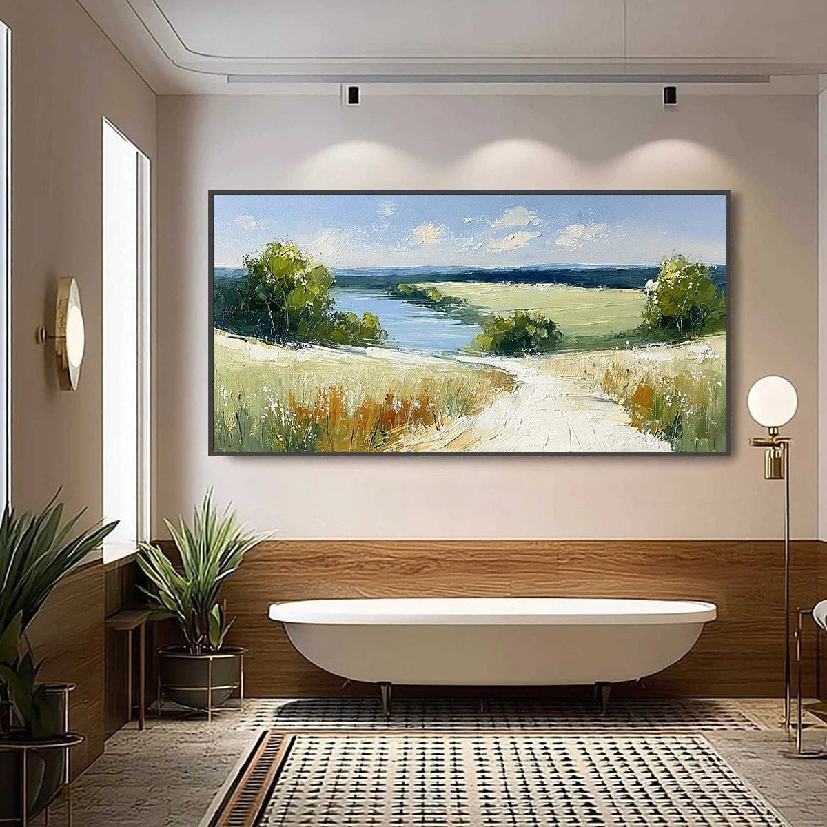 SERENE VISTA: Textured Palette Knife Countryside Landscape Painting | black frame version on white wall