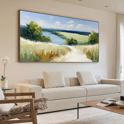 SERENE VISTA: Textured Palette Knife Countryside Landscape Painting | Landscape mood, soft natural light studio shot
