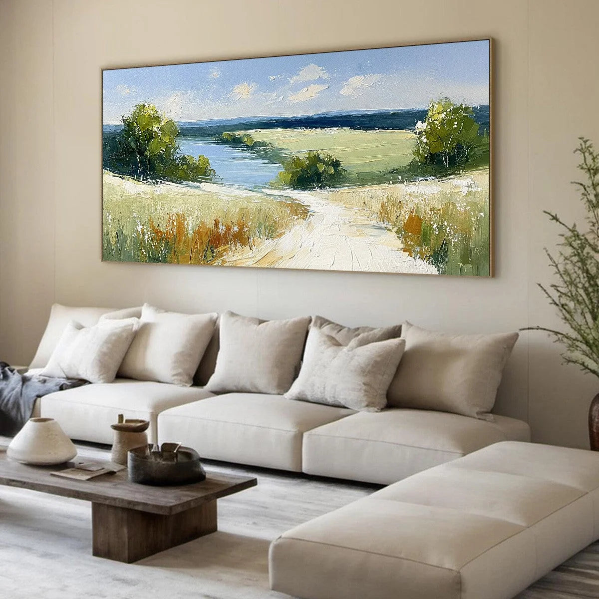 SERENE VISTA: Textured Palette Knife Countryside Landscape Painting | multi-color palette, original oil on stretched canvas art