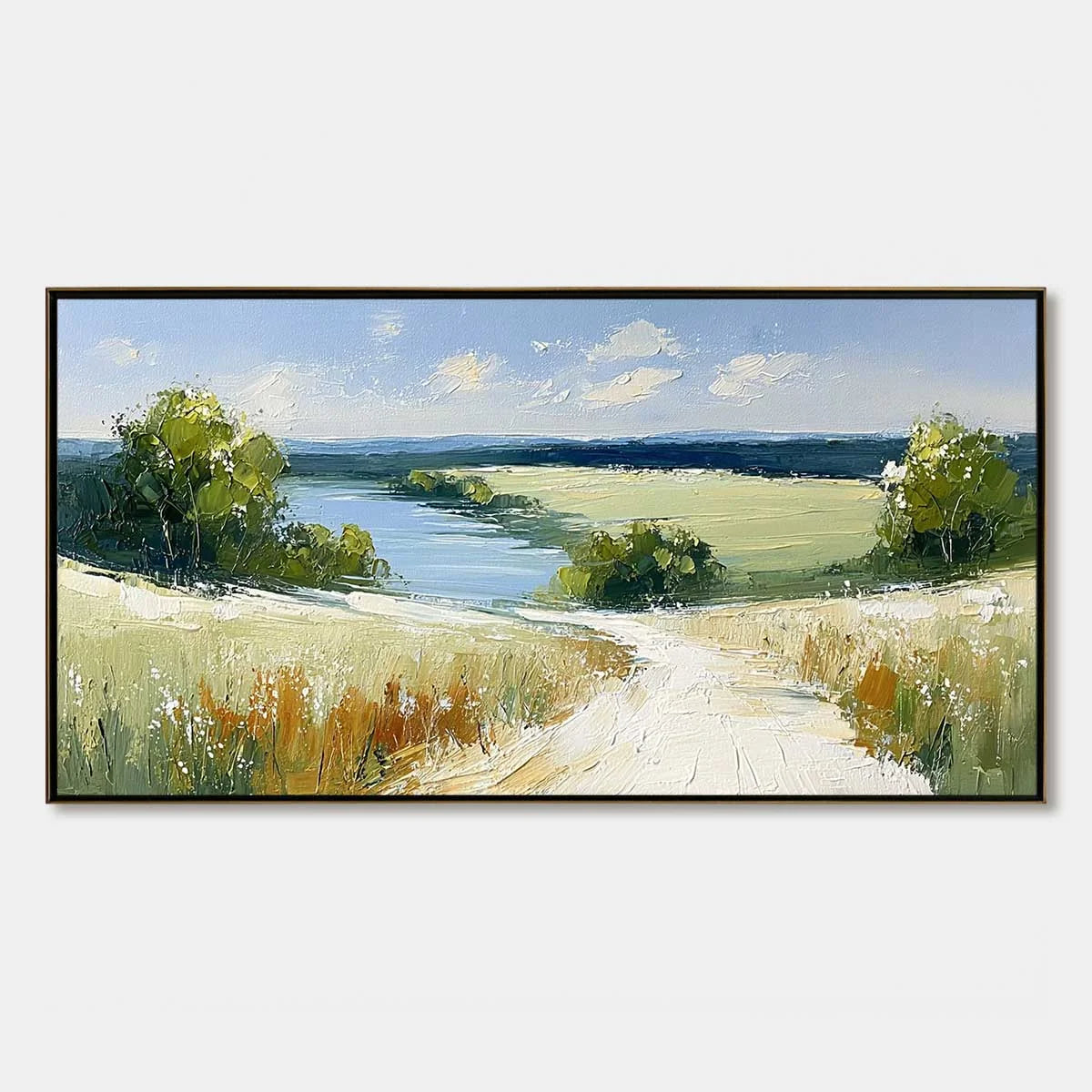 SERENE VISTA: Textured Palette Knife Countryside Landscape Painting | hanging in living room, Landscape wall art