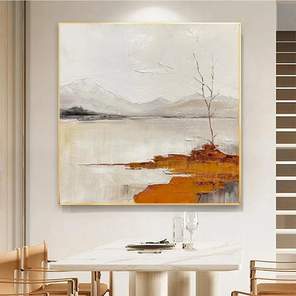 SERENE WATERS: Minimalist Landscape Painting in White, Grey, and Orange, Square Canvas Wall Art | Landscape closeup, raised brushwork detail