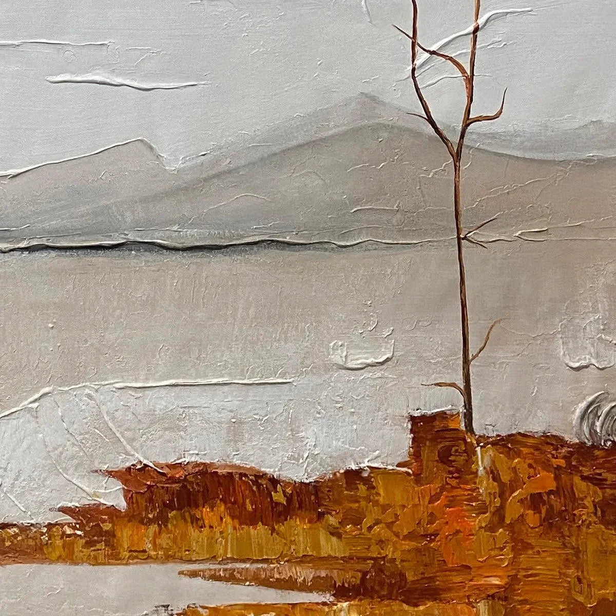 SERENE WATERS: Minimalist Landscape Painting in White, Grey, and Orange, Square Canvas Wall Art | rectangular format, hand-painted canvas edge