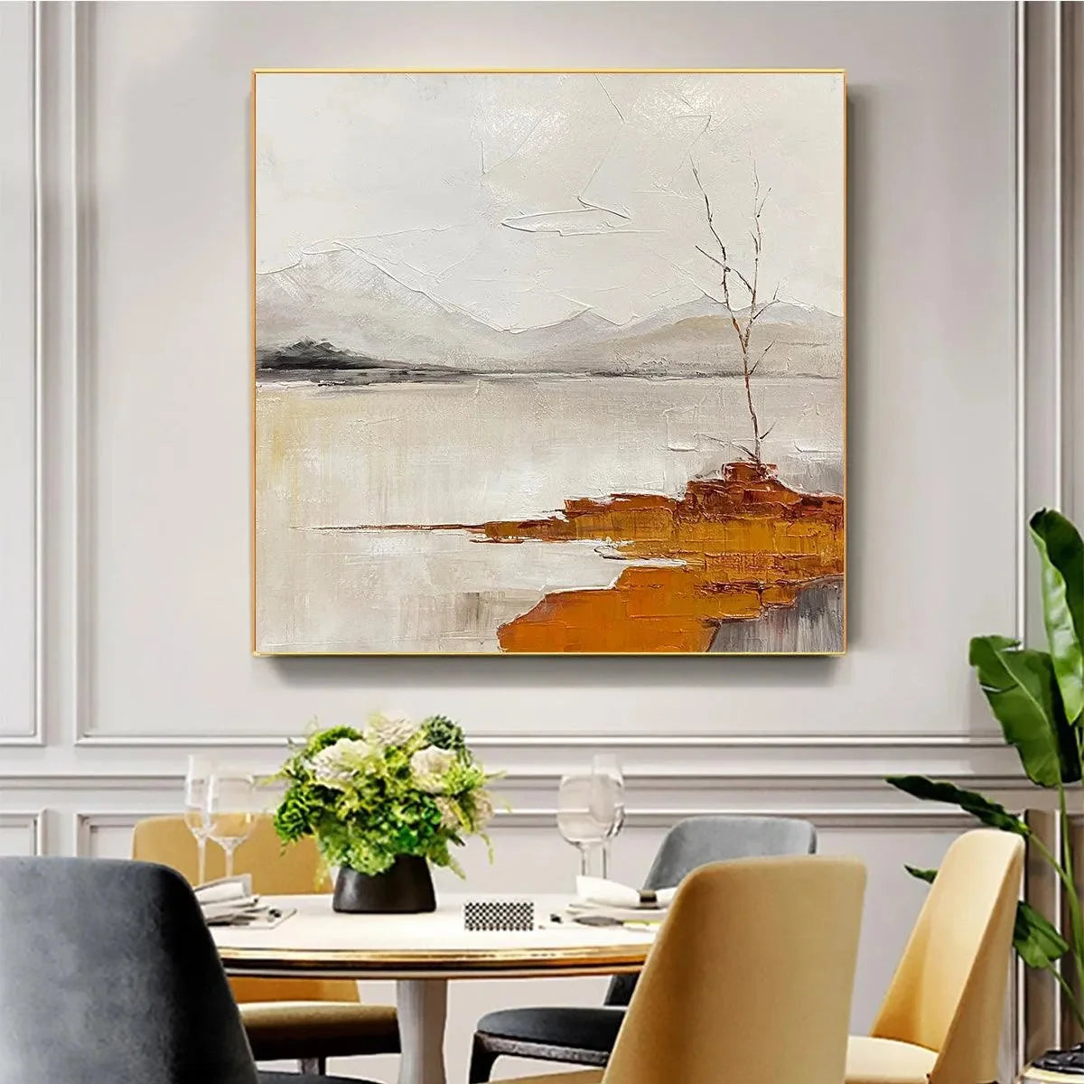 SERENE WATERS: Minimalist Landscape Painting in White, Grey, and Orange, Square Canvas Wall Art | gold frame stretched on neutral wall