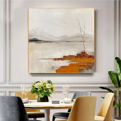 SERENE WATERS: Minimalist Landscape Painting in White, Grey, and Orange, Square Canvas Wall Art | gold frame stretched on neutral wall