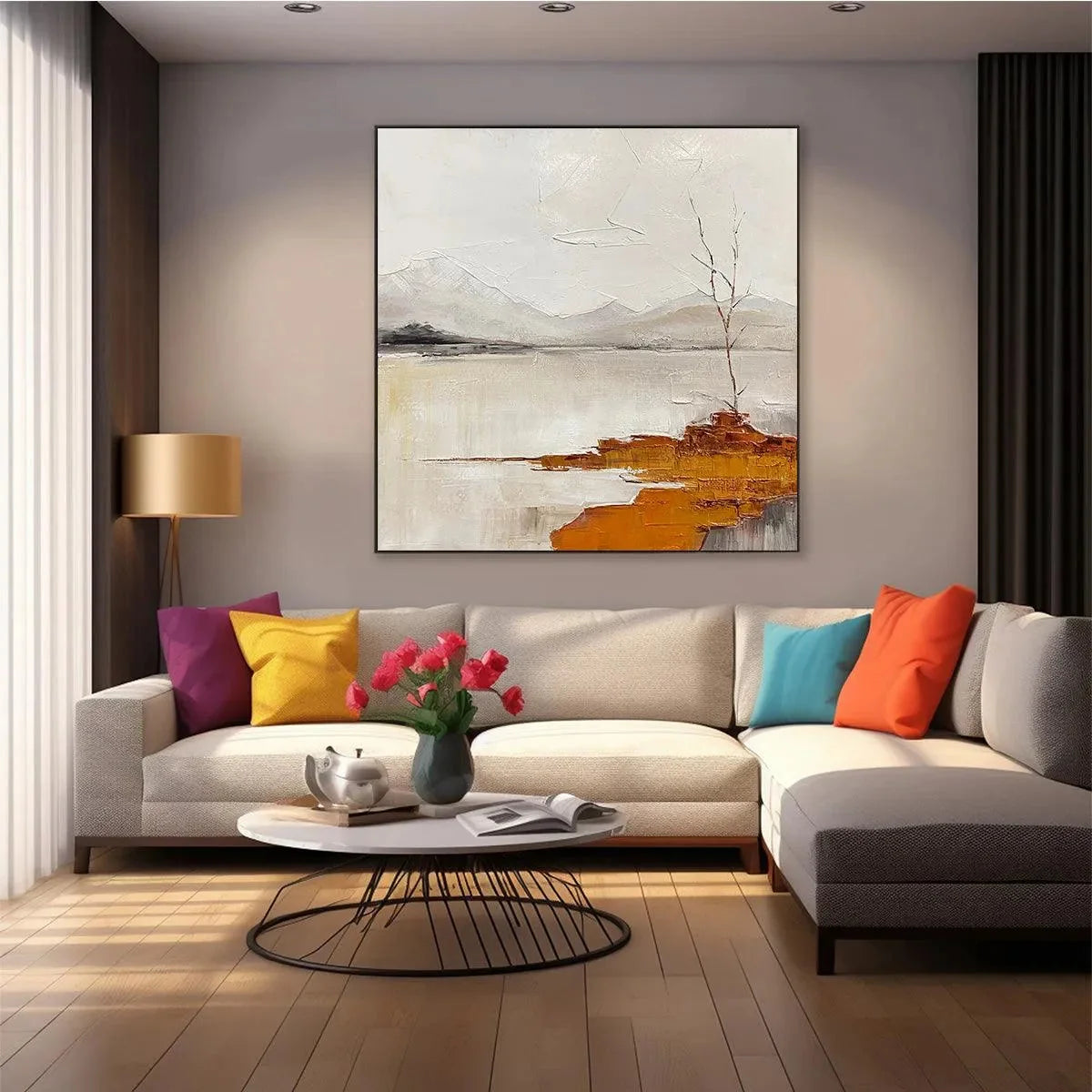SERENE WATERS: Minimalist Landscape Painting in White, Grey, and Orange, Square Canvas Wall Art | rolled canvas, ready for custom framing