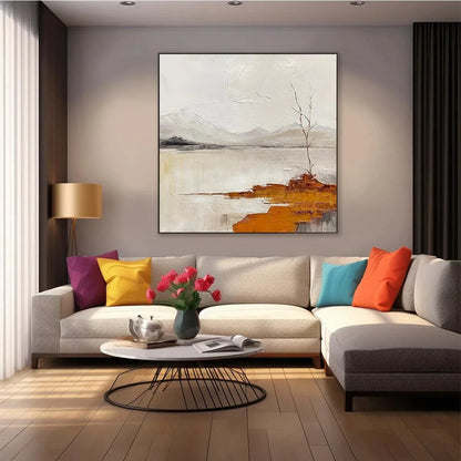 SERENE WATERS: Minimalist Landscape Painting in White, Grey, and Orange, Square Canvas Wall Art | rolled canvas, ready for custom framing