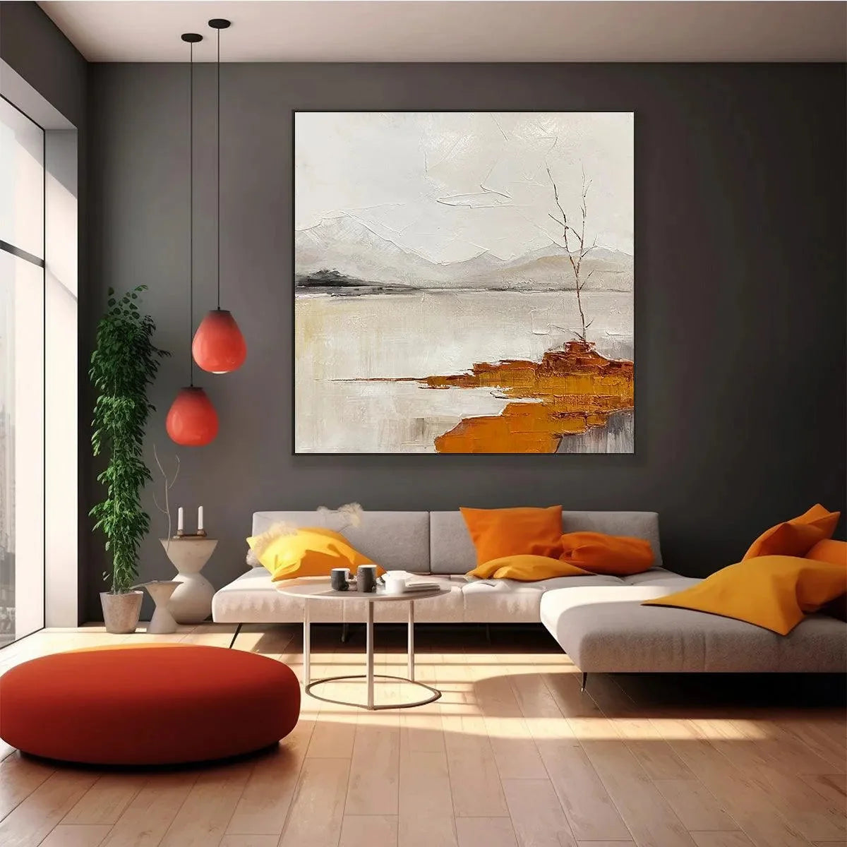 SERENE WATERS: Minimalist Landscape Painting in White, Grey, and Orange, Square Canvas Wall Art | black frame version on white wall
