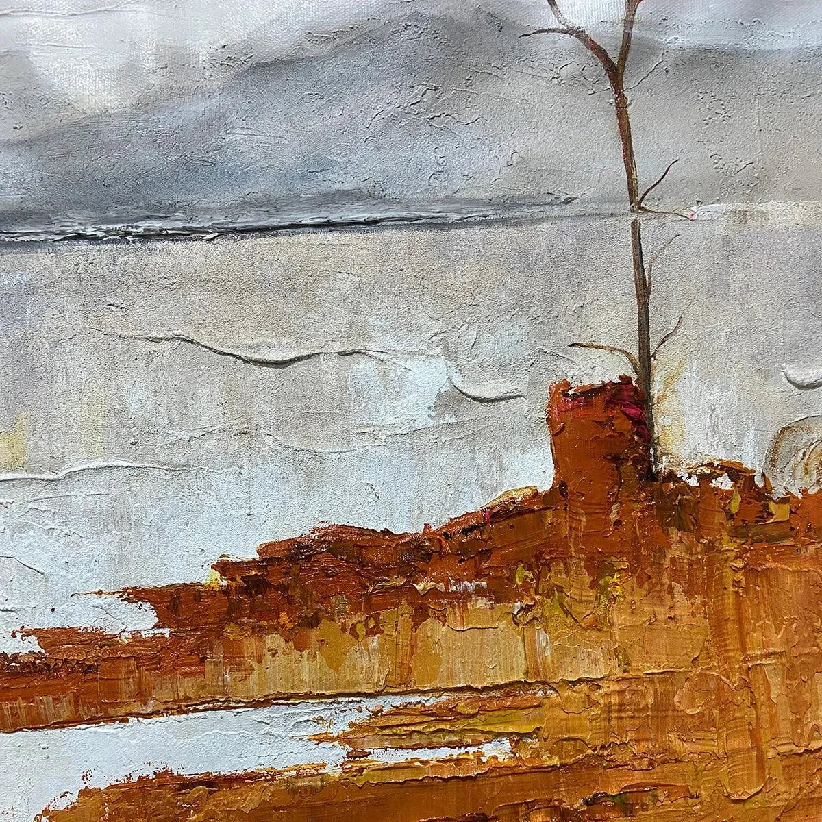 SERENE WATERS: Minimalist Landscape Painting in White, Grey, and Orange, Square Canvas Wall Art | beige palette, original oil on stretched canvas art
