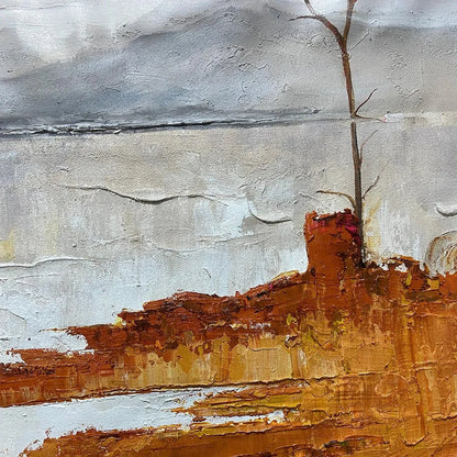 SERENE WATERS: Minimalist Landscape Painting in White, Grey, and Orange, Square Canvas Wall Art | beige palette, original oil on stretched canvas art