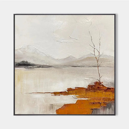 SERENE WATERS: Minimalist Landscape Painting in White, Grey, and Orange, Square Canvas Wall Art | hanging in living room, Landscape wall art