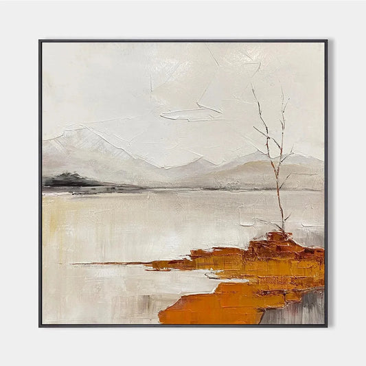 SERENE WATERS: Minimalist Landscape Painting in White, Grey, and Orange, Square Canvas Wall Art | hanging in living room, Landscape wall art