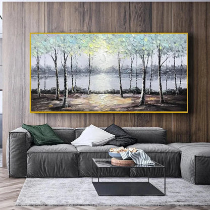 SERENE WATERS: Panoramic Landscape Painting, Textured Trees and Lake | Landscape closeup, raised brushwork detail