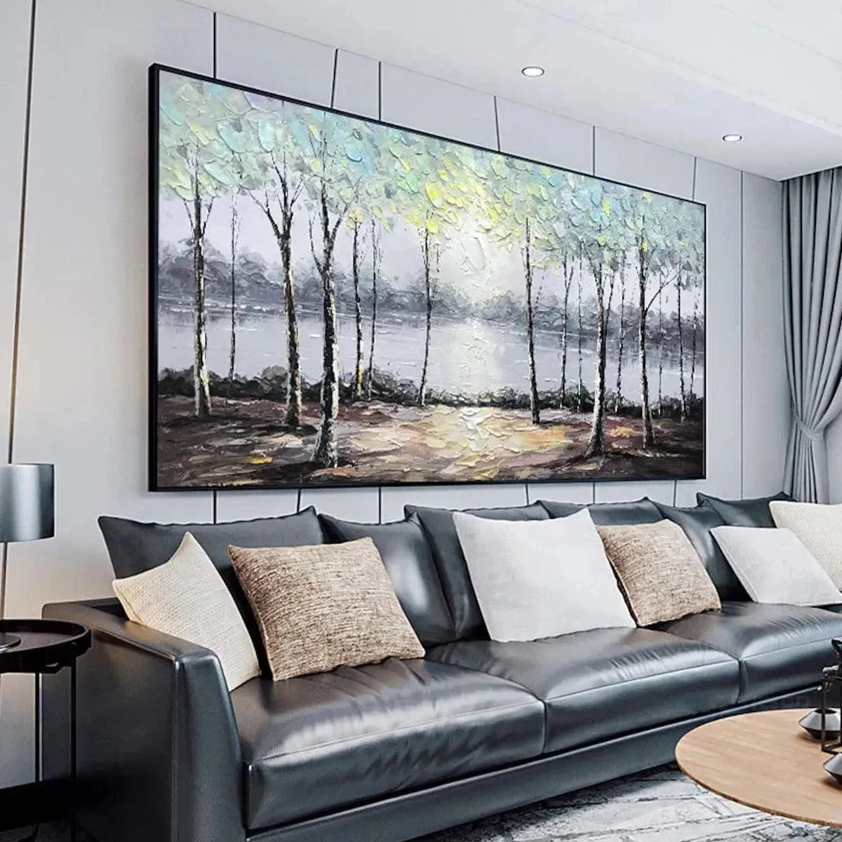 SERENE WATERS: Panoramic Landscape Painting, Textured Trees and Lake | gold frame stretched on neutral wall