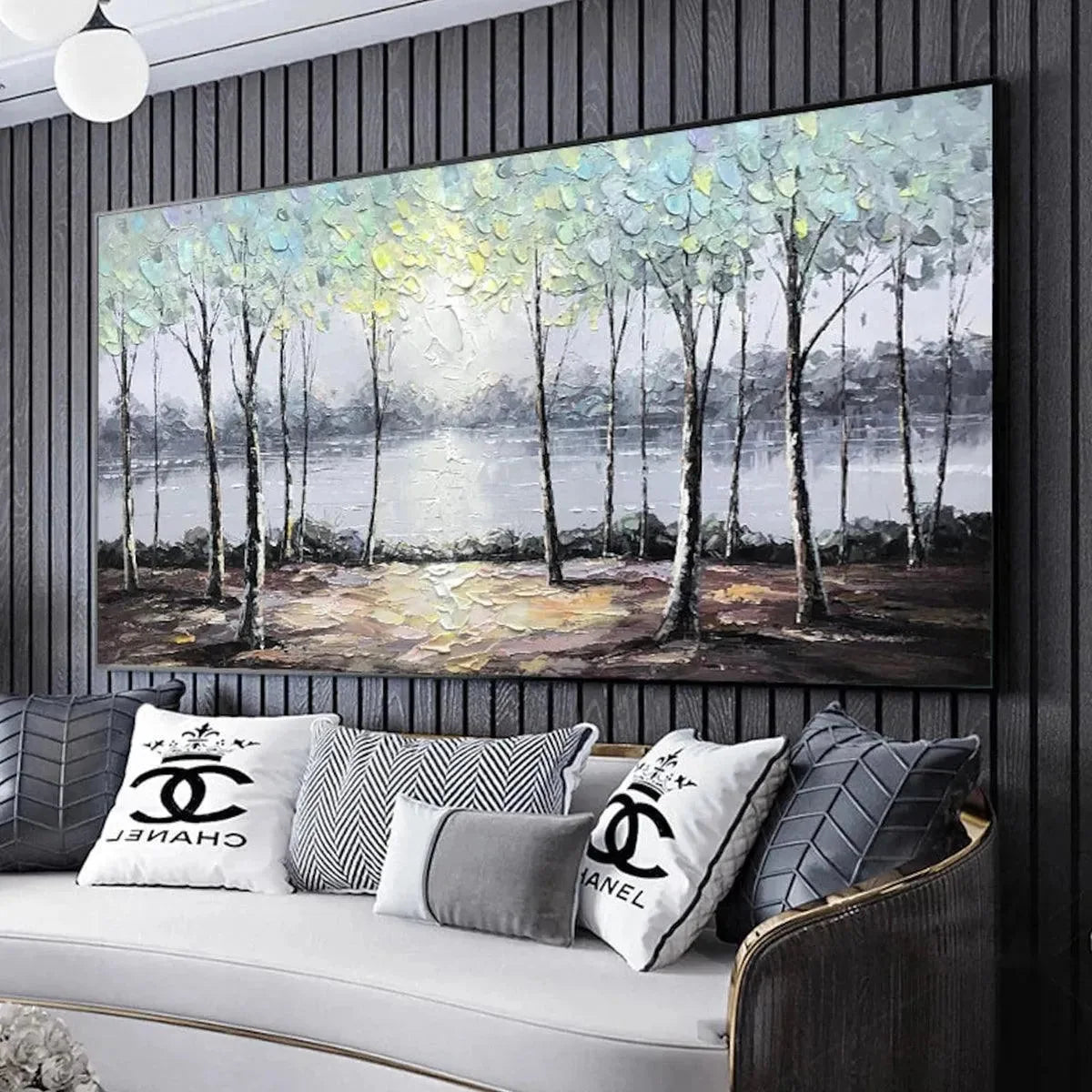 SERENE WATERS: Panoramic Landscape Painting, Textured Trees and Lake | rolled canvas, ready for custom framing