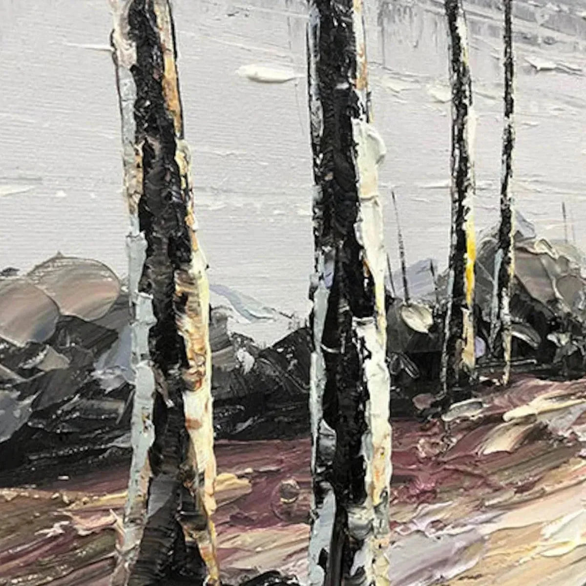 SERENE WATERS: Panoramic Landscape Painting, Textured Trees and Lake | black frame version on white wall
