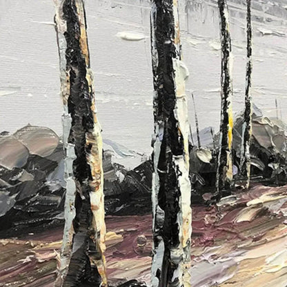 SERENE WATERS: Panoramic Landscape Painting, Textured Trees and Lake | black frame version on white wall