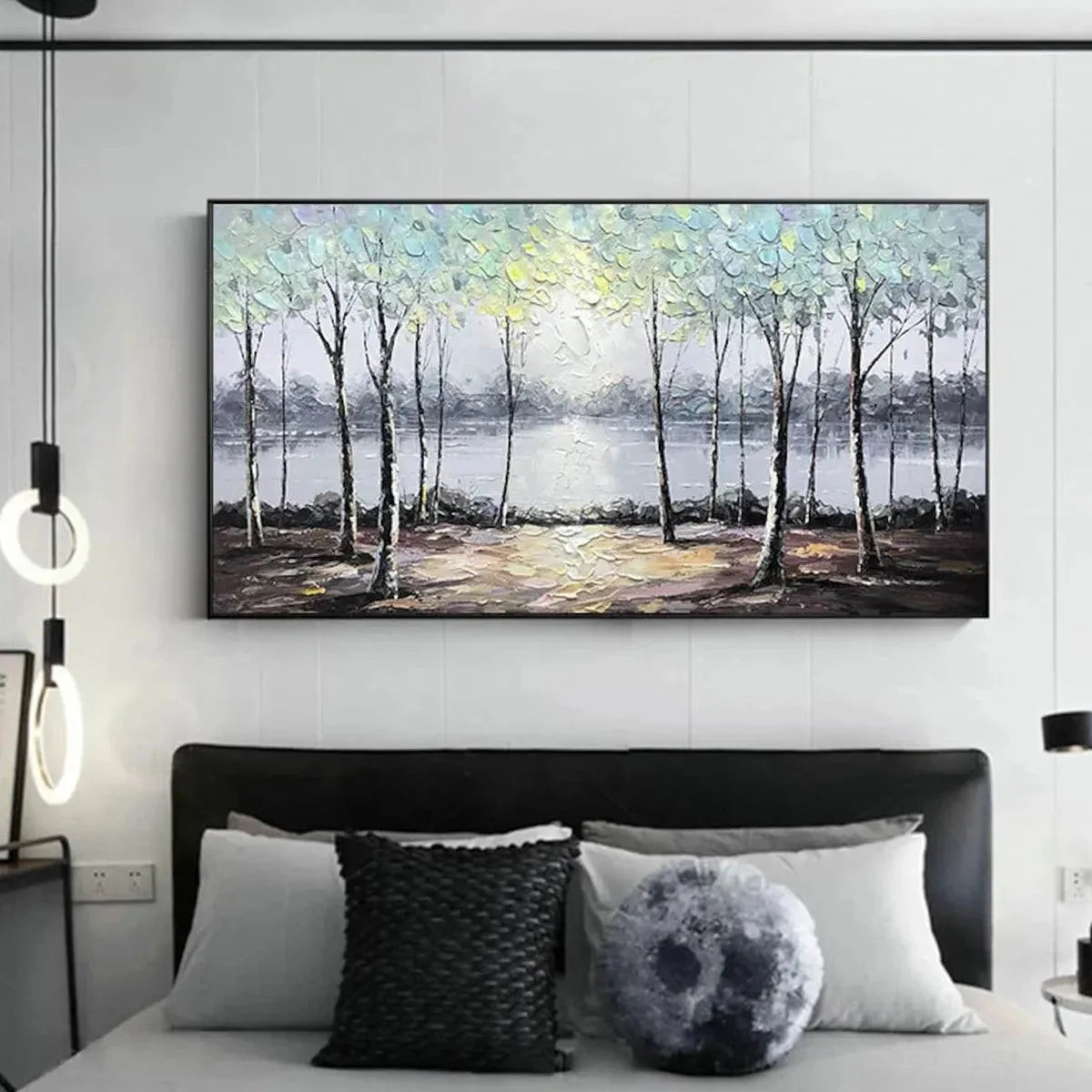 SERENE WATERS: Panoramic Landscape Painting, Textured Trees and Lake | Landscape mood, soft natural light studio shot