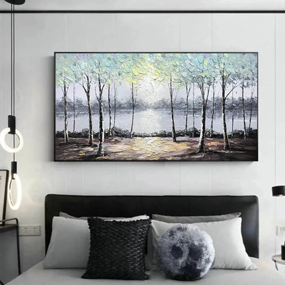 SERENE WATERS: Panoramic Landscape Painting, Textured Trees and Lake | Landscape mood, soft natural light studio shot