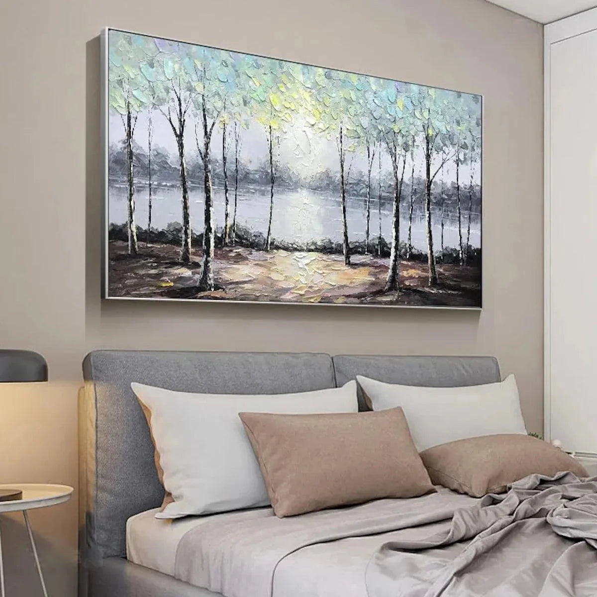 SERENE WATERS: Panoramic Landscape Painting, Textured Trees and Lake | yellow palette, original oil on stretched canvas art