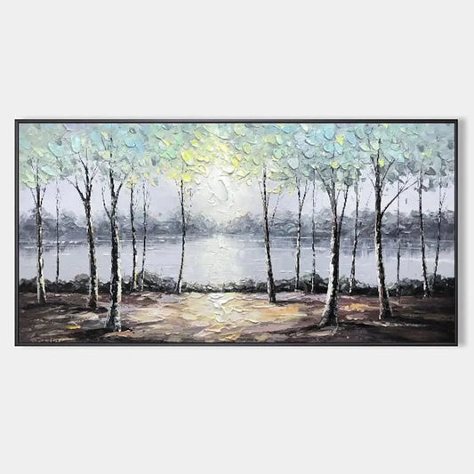 SERENE WATERS: Panoramic Landscape Painting, Textured Trees and Lake | hanging in living room, Landscape wall art