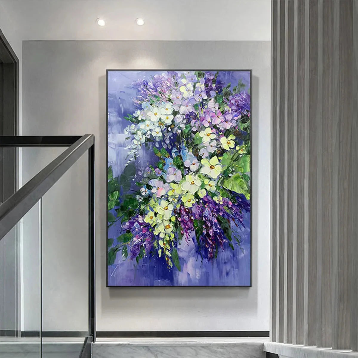 SERENITY IN PURPLE: Vertical Impasto Floral Oil Painting | gold frame stretched on neutral wall