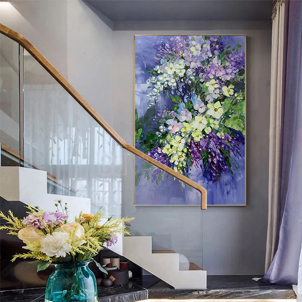SERENITY IN PURPLE: Vertical Impasto Floral Oil Painting | rolled canvas, ready for custom framing