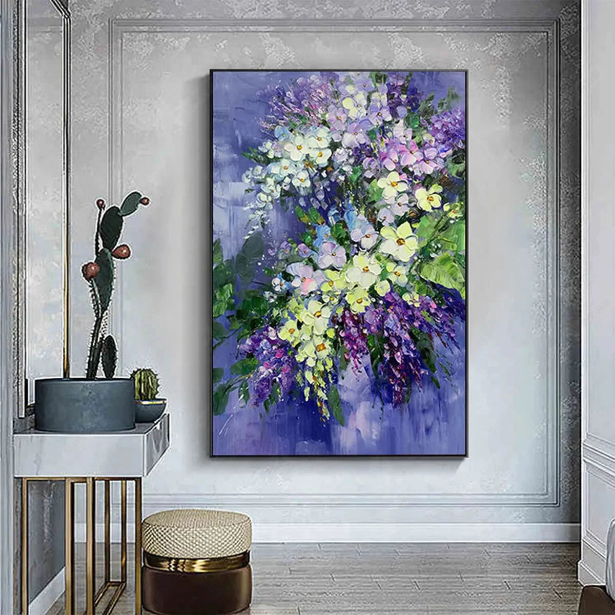 SERENITY IN PURPLE: Vertical Impasto Floral Oil Painting | black frame version on white wall