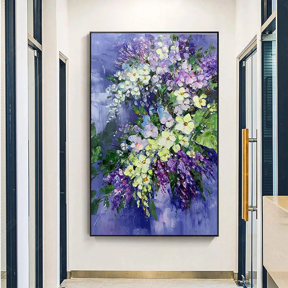 SERENITY IN PURPLE: Vertical Impasto Floral Oil Painting | Abstract mood, soft natural light studio shot