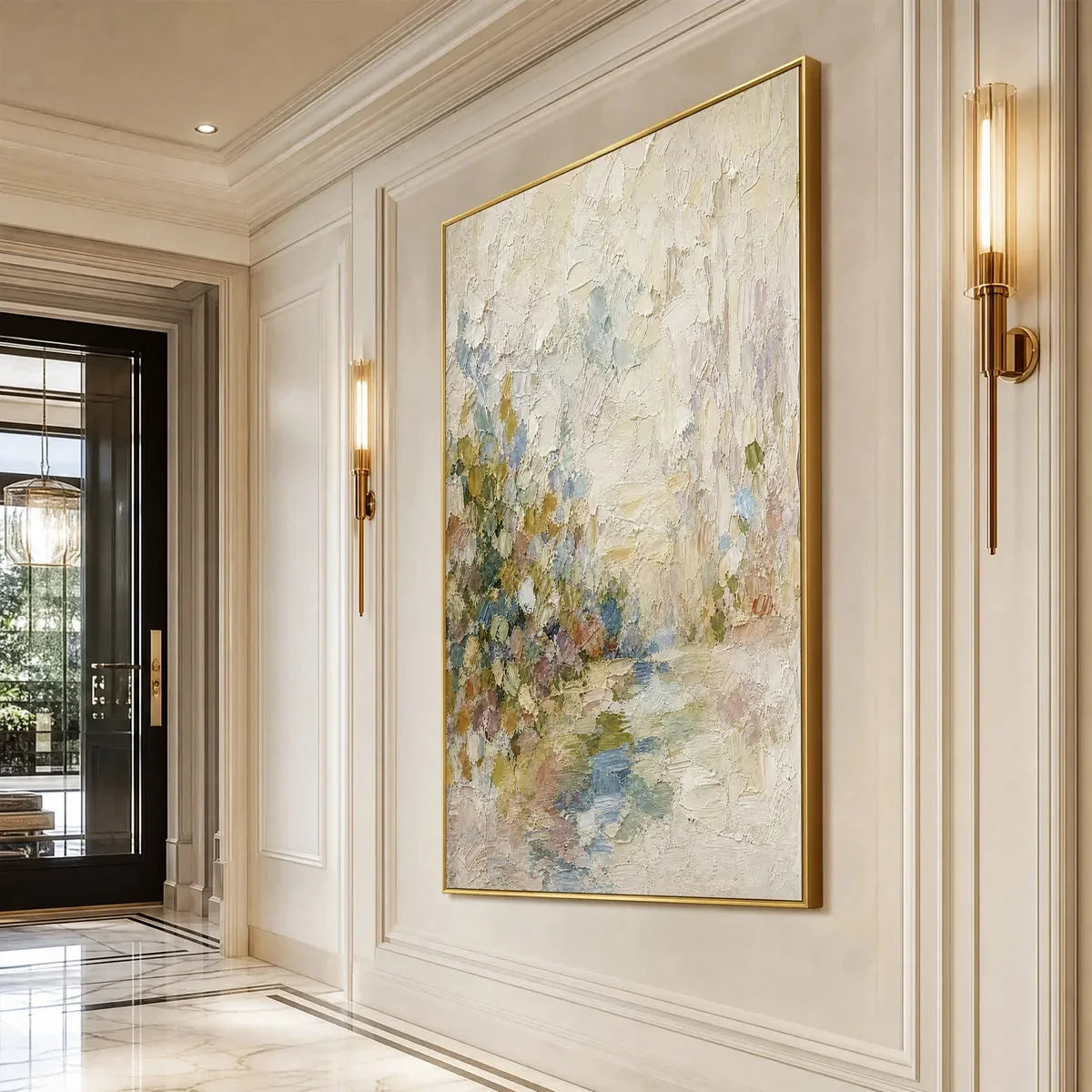 SERENITY: Textured Abstract Landscape Oil Painting | gold frame stretched on neutral wall