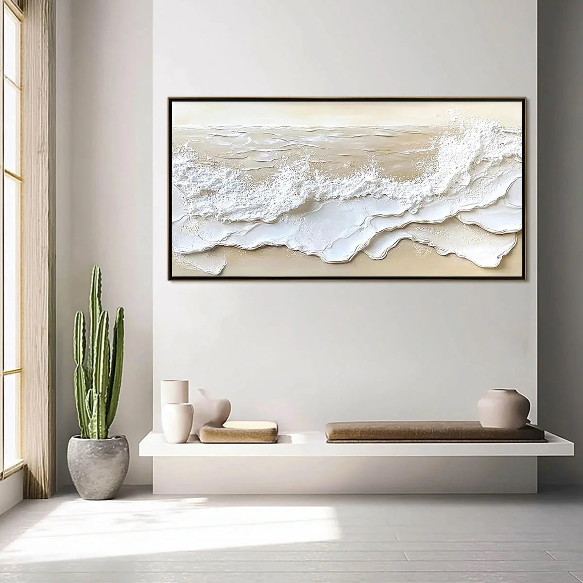 SERENITY TIDE: Textured Minimalist Beach Scene Painting | gold frame stretched on neutral wall