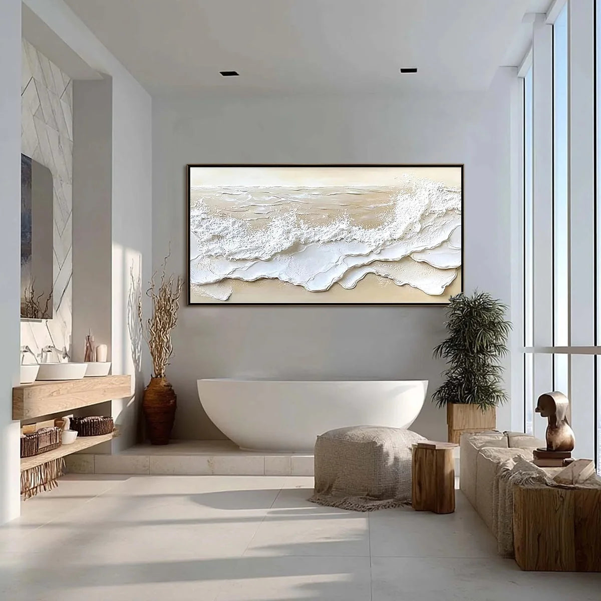 SERENITY TIDE: Textured Minimalist Beach Scene Painting | rolled canvas, ready for custom framing