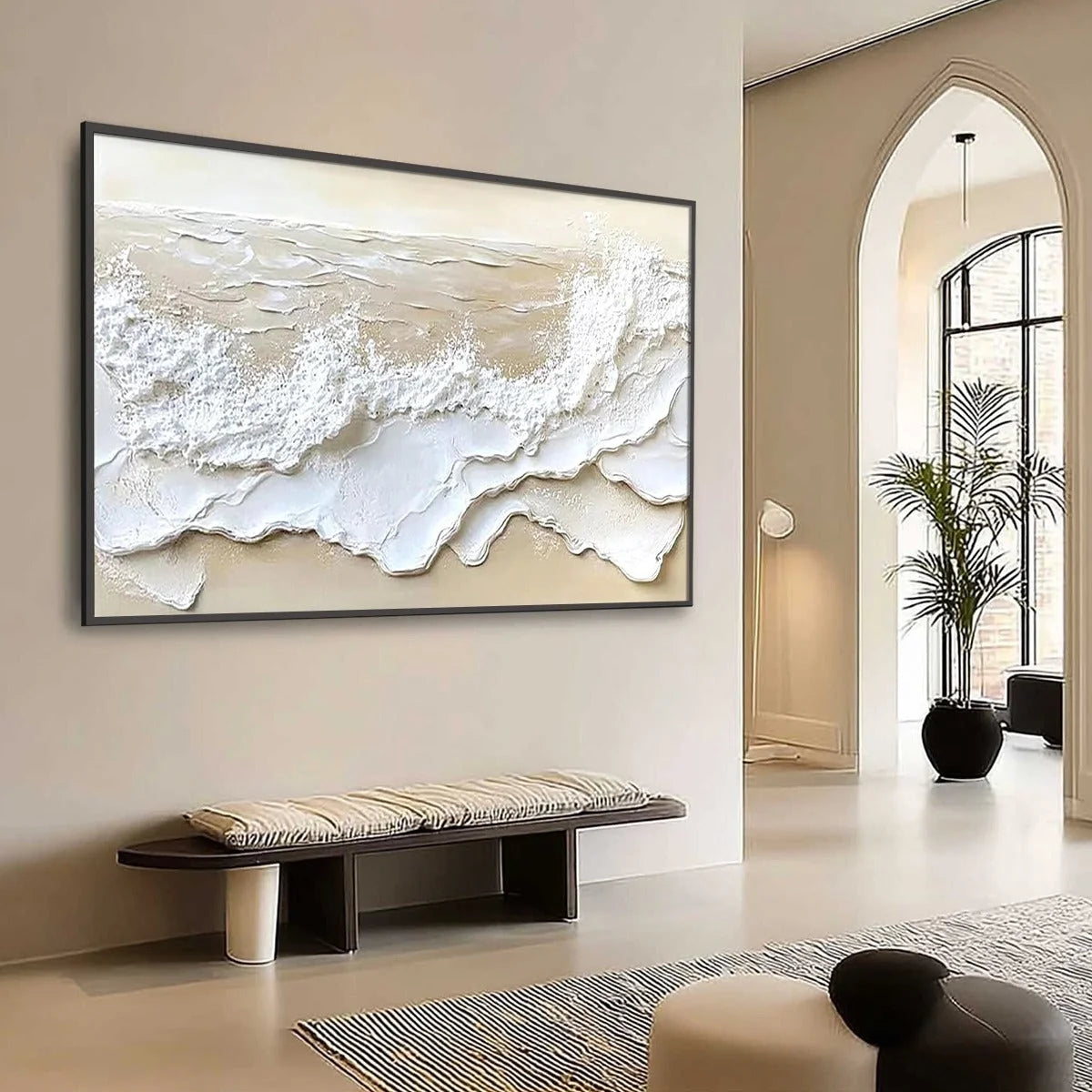 SERENITY TIDE: Textured Minimalist Beach Scene Painting | Minimalist mood, soft natural light studio shot