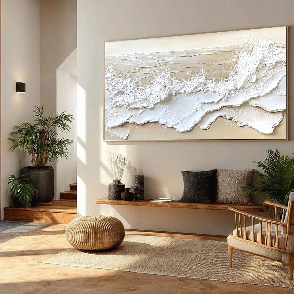 SERENITY TIDE: Textured Minimalist Beach Scene Painting | multi-color palette, original oil on stretched canvas art